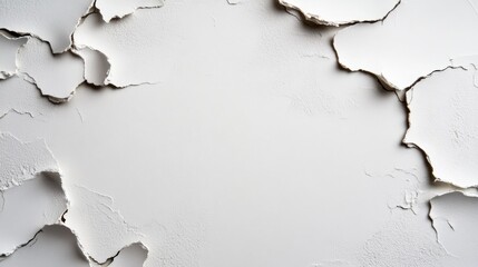 A cracked white wall emphasizes an abstract design with irregular patterns and textures, embodying decay, aging, and the passage of time through visible fractures.
