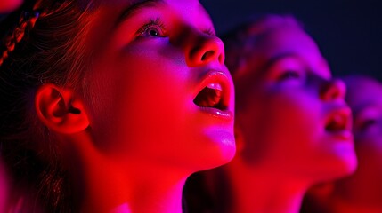 Three girls with mouths open, looking up, bathed in red and purple light.