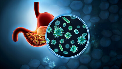 Germs In Stomach Cause To Stomachache And Food Poisoning 3D Illustration