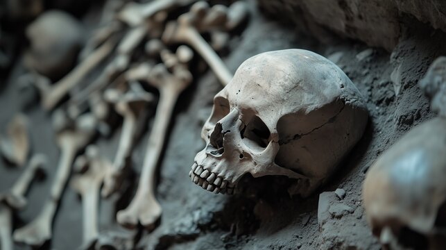Ancient human remains displayed in an archaeological site setting. Skulls and bones are arranged in a historic underground burial site.