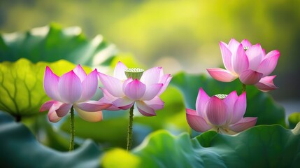 Obraz premium Beautiful Pink Lotus Flowers Surrounded by Lush Green Leaves