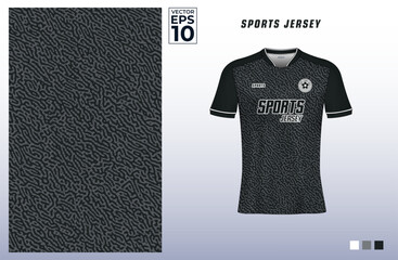 Black grey T-shirt sport design template with abstract line pattern for soccer jersey. Sport uniform in front view. Tshirt mock up for sport club. Vector Illustration