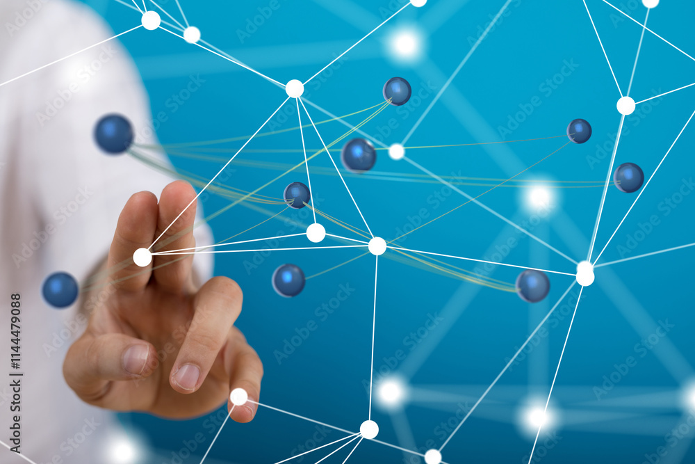 Poster Global network. Blockchain. 3D illustration. Neural networks and artificial intelligence. Abstract