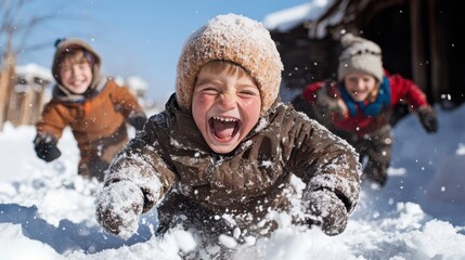 Three children tumble through the snow, their laughter contagious. Bundled up in layers, they epitomize winter excitement and energy in the white wonderland.
