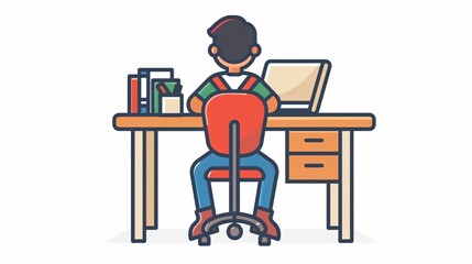 Modern Student Sitting at Desk Line Icon for Education Concept