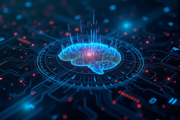 A futuristic AI brain background featuring neural grid visuals, glowing circuits, and abstract data streams for a high-tech concept..
