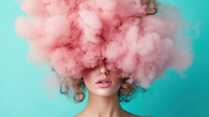 A woman's face is artistically obscured by a dramatic, fluffy pink cloud, suggesting imagination and abstraction against a vivid turquoise background.