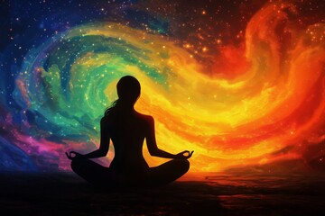 person sits cross-legged in a meditative pose vibrant colors and cosmic energy