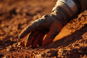 A gloved hand, covered in red Martian dust, delicately touches the alien soil, exploring a new world.