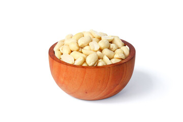 Peeled peanut in wooden bowl isolated on white background. Food ingredients