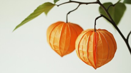 Two orange paper lanterns on a branch
