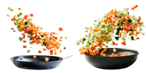 Various chopped vegetables flying into a pan isolated on a white background. Generative AI.