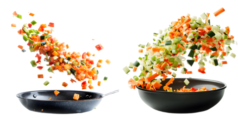 Various chopped vegetables flying into a pan isolated on a white background. Generative AI.