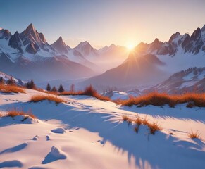 Schneebedeckte Berge am Wintermorgen mit Morgenschein, schnee, H?gel, schatten