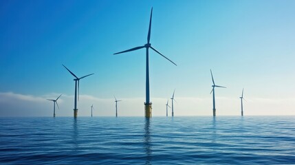Offshore Wind Turbines in Calm Water Under Bright Blue Sky