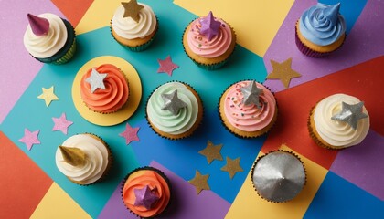 Obraz premium Flat lay of party hats, glitter stars, and cupcakes on a bold rainbow-striped surface