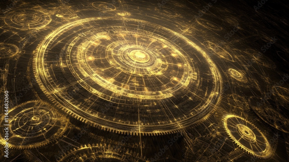 Poster abstract steampunk design featuring futuristic gears, glowing pipelines, and metallic machinery in g