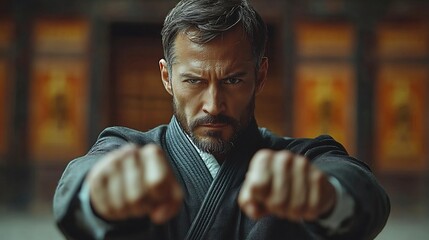 Focused Businessman Practicing Martial Arts with Intense Discipline and Dedication
