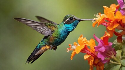 Obraz premium Fiery-throated hummingbird, Panterpe insignis, feeding from a flower in flight 