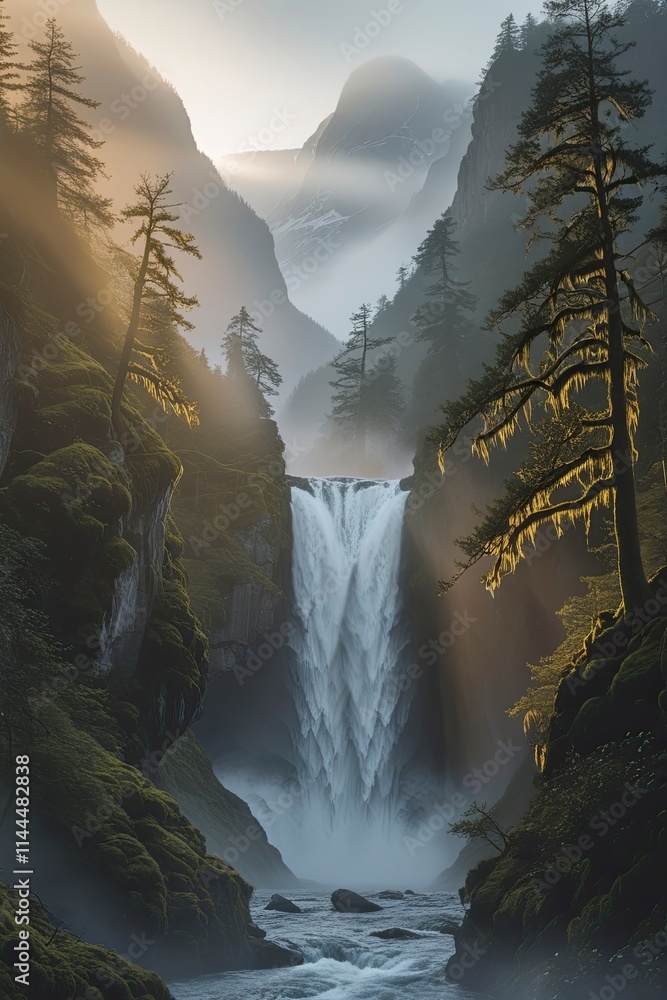 Canvas Prints A dramatic scene of untouched wilderness with towering mountains covered in dense fog, a roaring waterfall cascading into a deep canyon, 