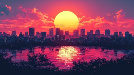 Vibrant sunset over a city skyline reflected in water.