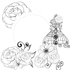 Vintage sewing tools template - sewing mannequin. Circle frame for design with flowers. Vintage old fashion, tailoring for postcard, fabric, printing. Graphic vector line, hand drawn, black silhouette