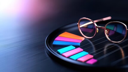 A stylish pair of glasses rests beside colorful bar charts on a sleek surface, symbolizing analysis and insight in data visualization.