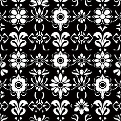 Fototapeta premium Black and White Floral Pattern: A sophisticated and timeless design features intricate white floral motifs on a black background, creating a striking and elegant visual.