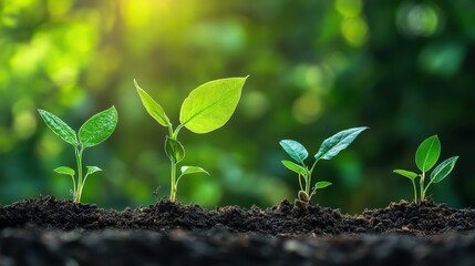 Fototapeta premium Growth Stages of Green Plants in Soil with Natural Background Light