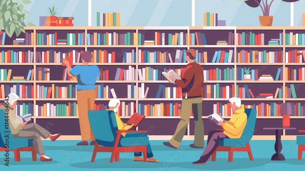 Aufkleber Elderly individuals engaged in reading and studying in a vibrant library environment filled with books and resources. Generative AI