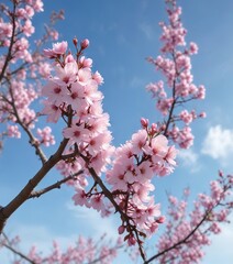 Soft pink blossoms on bare branches against a clear blue sky , delicate petals, peaceful atmosphere