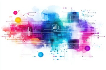Obraz premium Vibrant watercolor corporate network with interconnected servers, data flow visualizations, and smart analytics