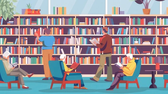 Elderly individuals engaged in reading and studying in a vibrant library environment filled with books and resources. Generative AI