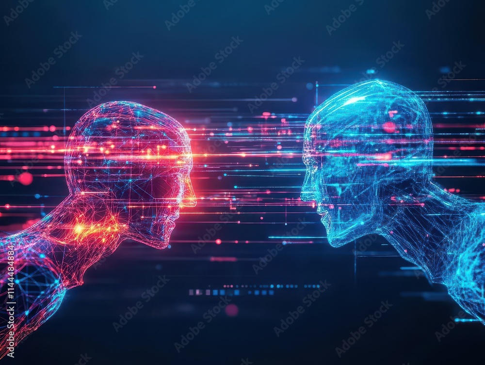 Aufkleber virtual conversation displayed as vibrant streams of light between human and ai figure, digital inte