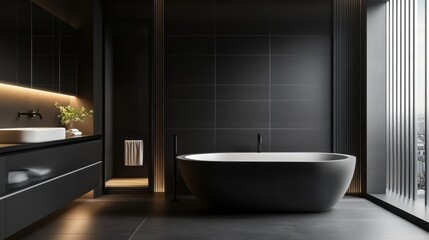 Fototapeta premium Modern Minimalist Bathroom Design with Elegant Bathtub and View