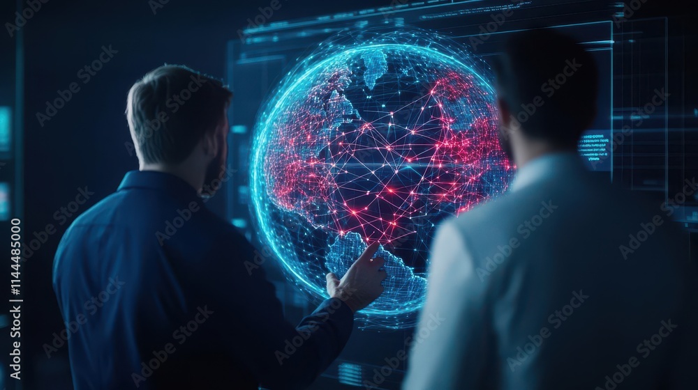 Poster two professionals analyzing a 3d holographic globe with glowing networks, representing global busine