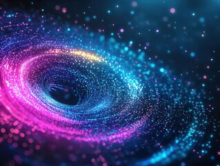 Swirling vortex of data particles visualizing processing power, dynamic movement, vibrant digital hues, innovation energy