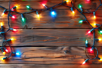 Colorful Christmas Lights on Rustic Wooden Background