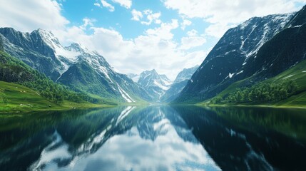 Scenic Mountain Landscape with Reflections on Calm Lake Water