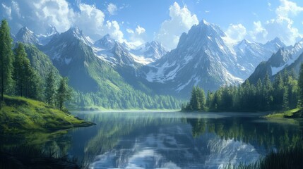 Fototapeta premium Serene Mountain Landscape with Lake and Lush Green Forest