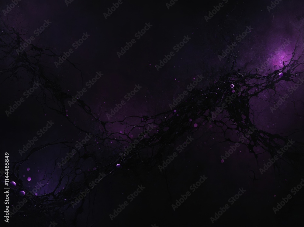 Poster colors and textures blend in a cosmic abstraction with dark purple hues and intricate patterns remin