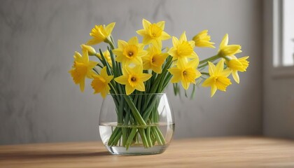 Springtime arrangement of yellow daffodils in a clear glass vessel, container, spring