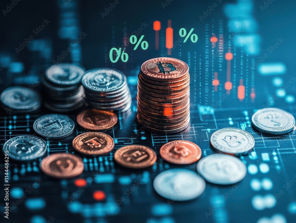 Poster scattered coins forming a rising stack in the middle, dynamic percentage numbers swirling around, wi