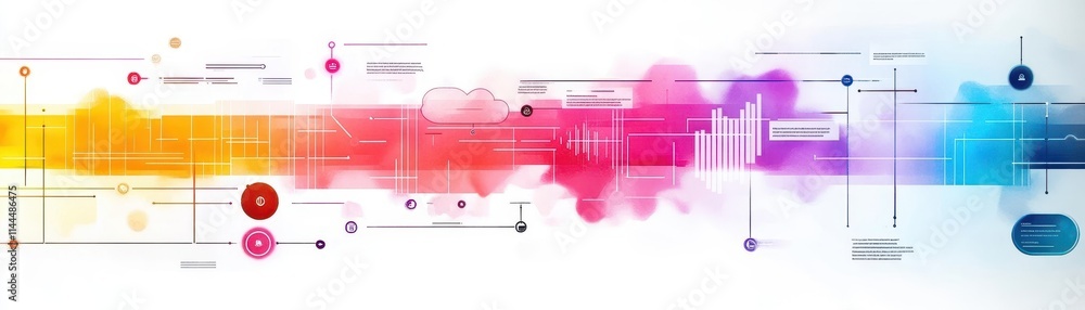 Poster professional watercolor infographic of an agile management system with seamless cloud data flow