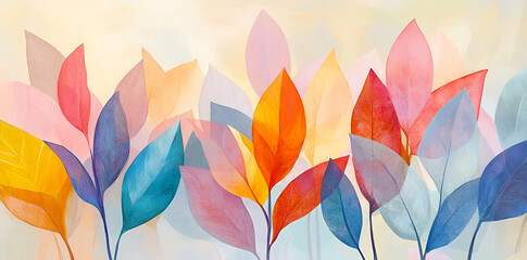 A vibrant illustration of colorful leaves in soft hues, creating a serene, artistic ambiance.