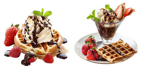 Waffles with ice cream, chocolate sauce and strawberries. Generative AI.