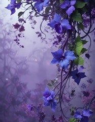 Swirling violet blue misty background with tendrils of vine and leaves, arboreal, blue