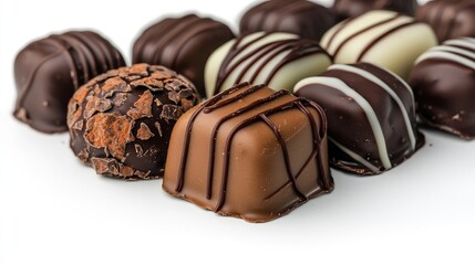 Obraz premium Assorted milk and dark chocolate truffles and bonbons on white background.