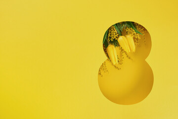 8 March greeting card. Paper cut Eight made of yellow background and fresh spring flowers bouquet of yellow mimosa and tulips. Greeting card for International Womens day. Top view.