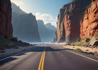 The empty road stretches towards the distant horizon with towering cliffs looming in the background...